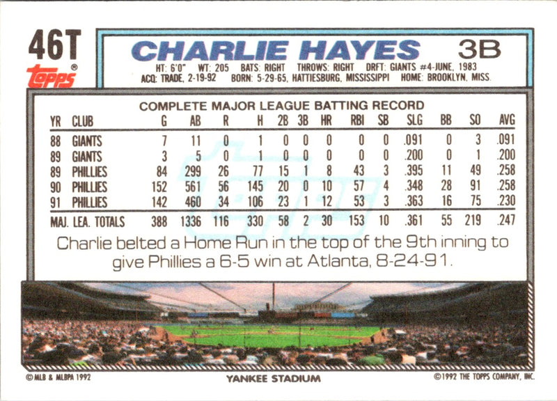 1992 Topps Traded Charlie Hayes