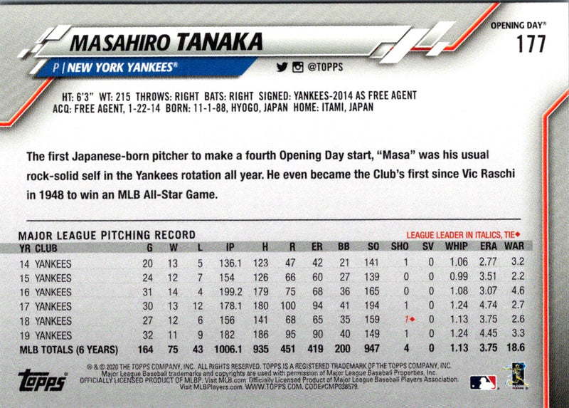 2020 Topps Opening Day Masahiro Tanaka