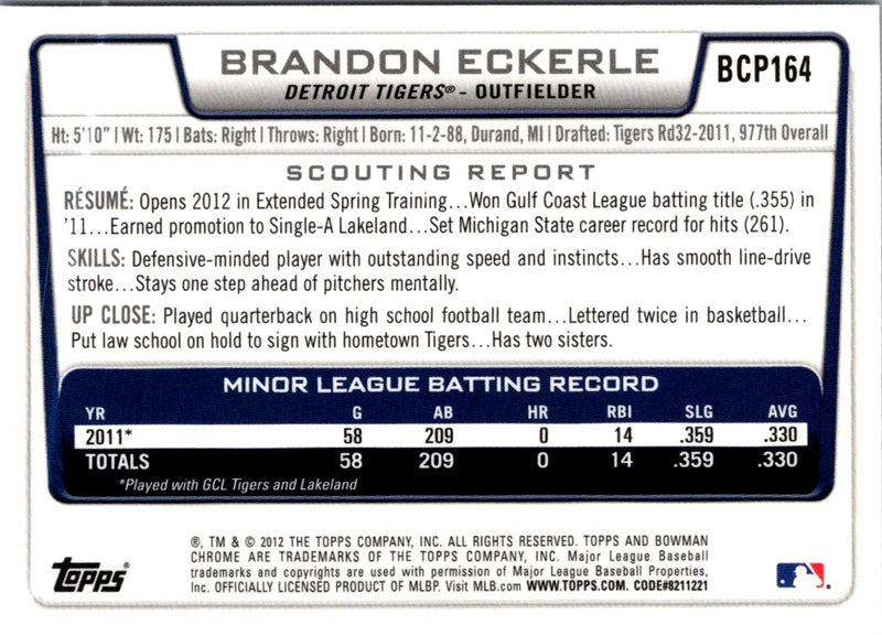 2012 Bowman Chrome Prospects Brandon Eckerle