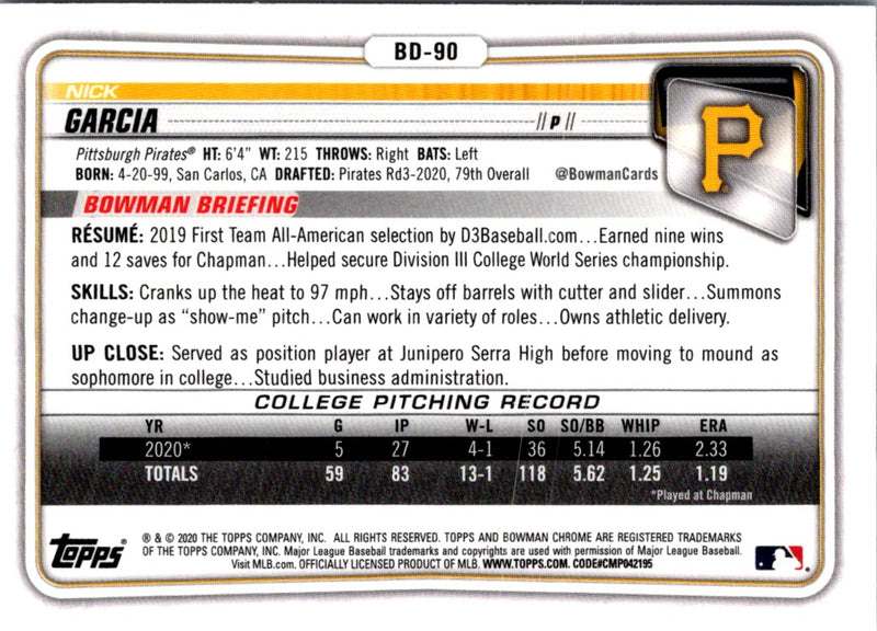 2020 Bowman Draft Chrome Nick Garcia