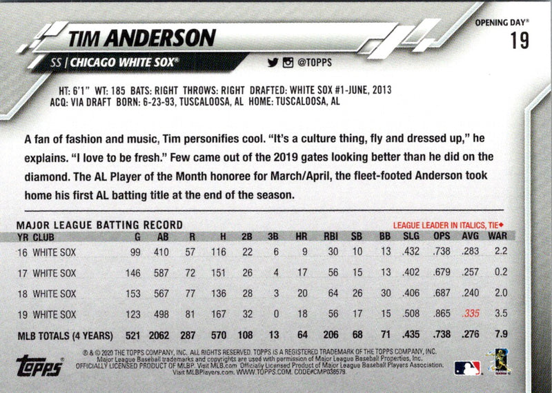 2020 Topps Opening Day Tim Anderson