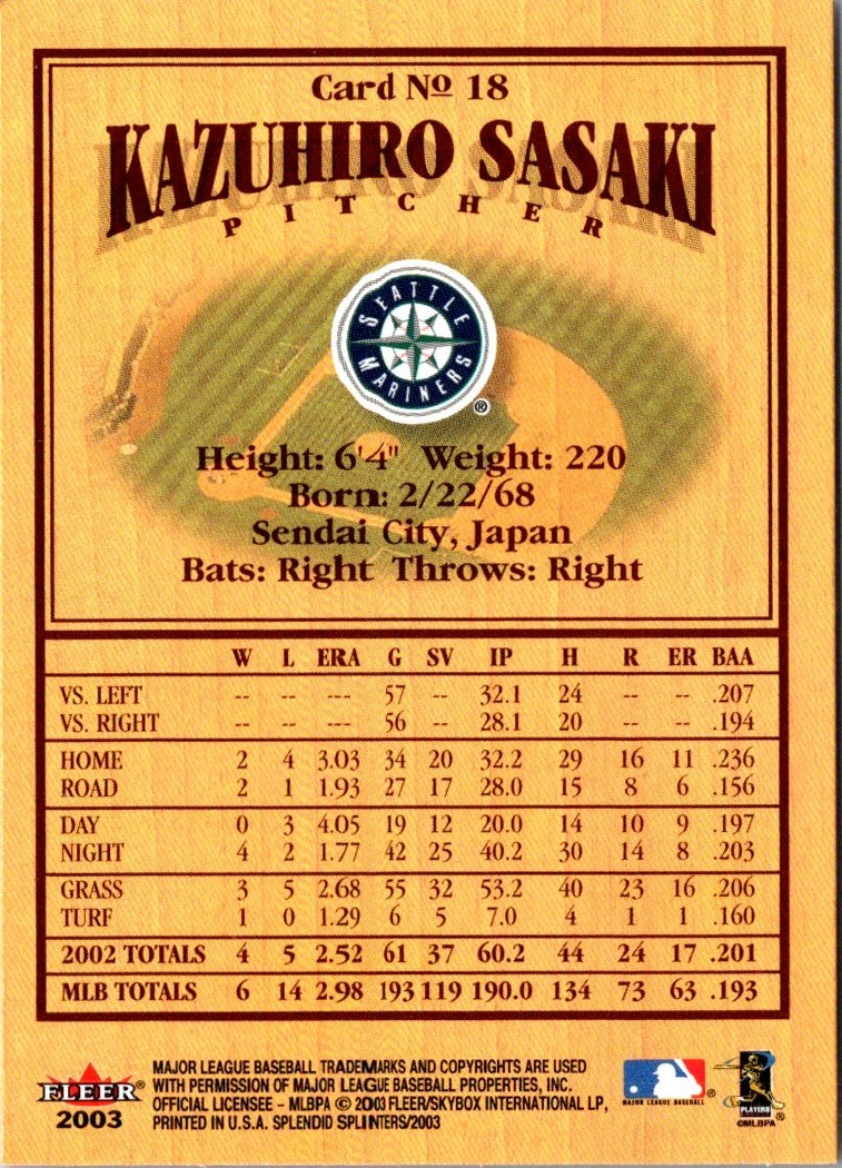 2003 Fleer Splendid Splinters Kazuhiro Sasaki