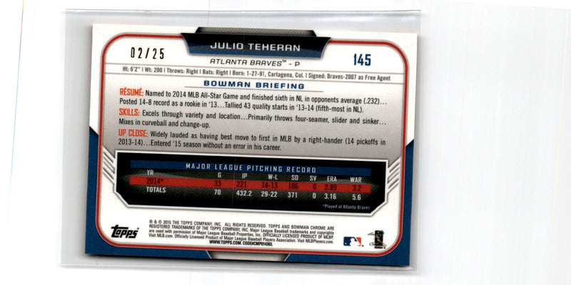 2015 Bowman Chrome Orange Refractors Julio Teheran