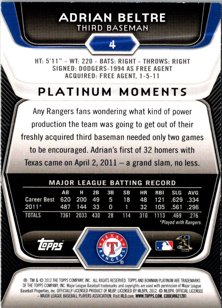 2012 Bowman Platinum Adrian Beltre