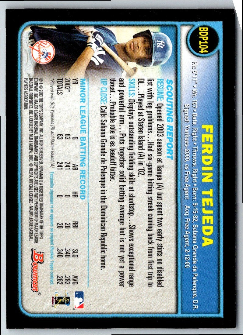 2003 Bowman Draft Picks & Prospects Ferdin Tejeda