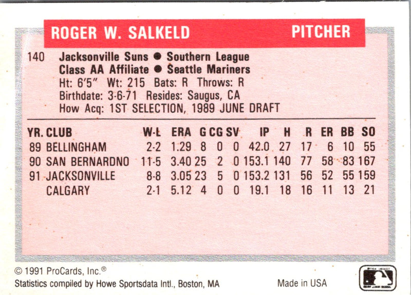 1991 ProCards Tomorrow's Heroes Roger Salkeld