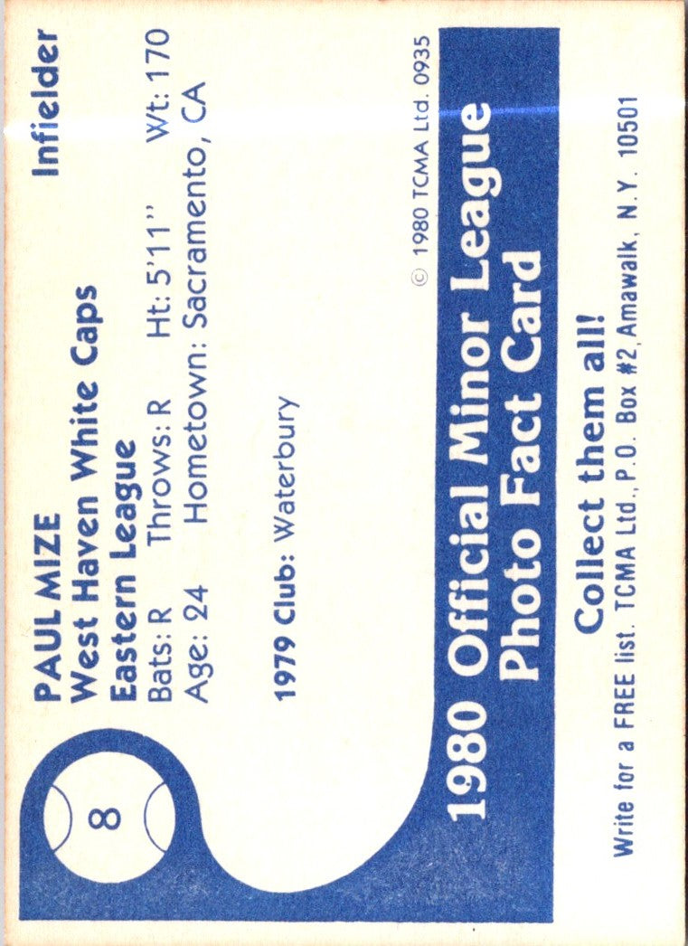 1980 TCMA West Haven White Caps Paul Mize