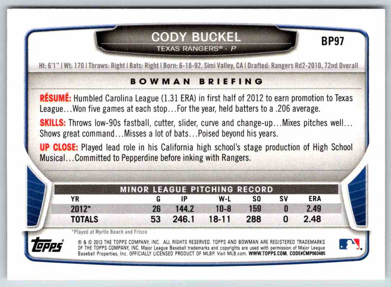 2013 Bowman Cody Buckel