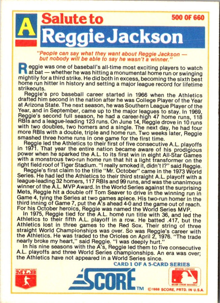 1988 Score Reggie Jackson Special A's