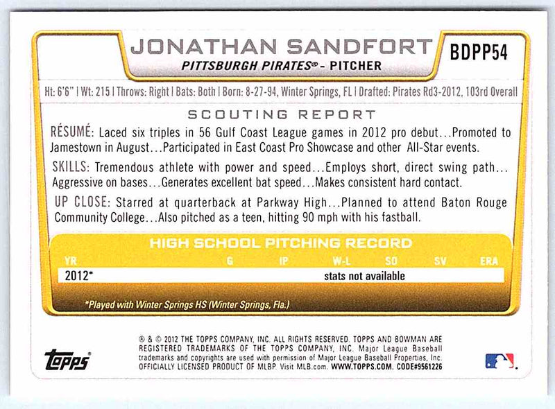 2012 Bowman Jonathan Sandfort