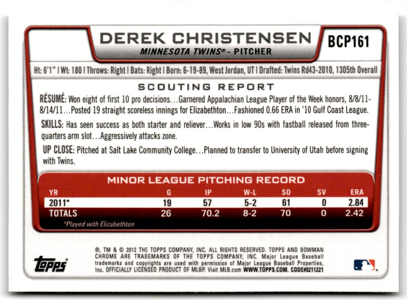 2012 Bowman Chrome Prospects Derek Christensen