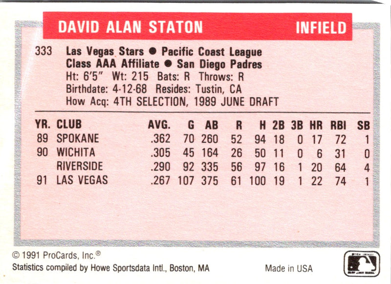 1991 ProCards Tomorrow's Heroes Dave Staton