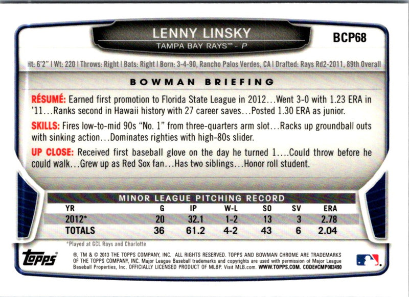 2013 Bowman Chrome Prospects Lenny Linsky