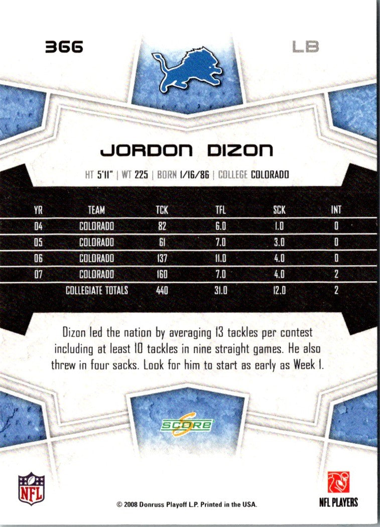 2008 Score Super Bowl XLIII Jordon Dizon