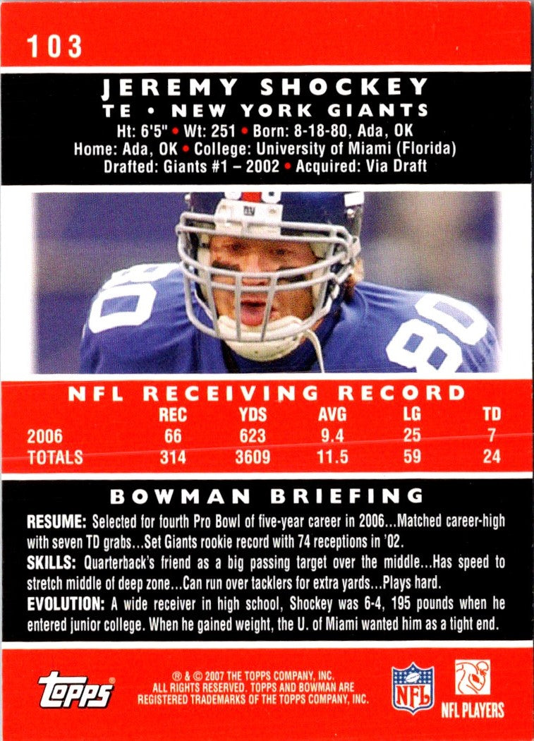 2007 Bowman Jeremy Shockey