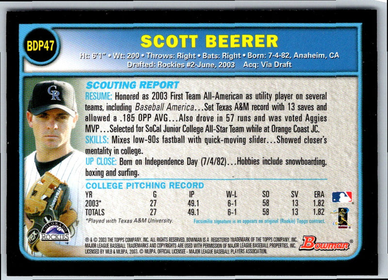 2003 Bowman Chrome Draft Picks & Prospects Scott Beerer