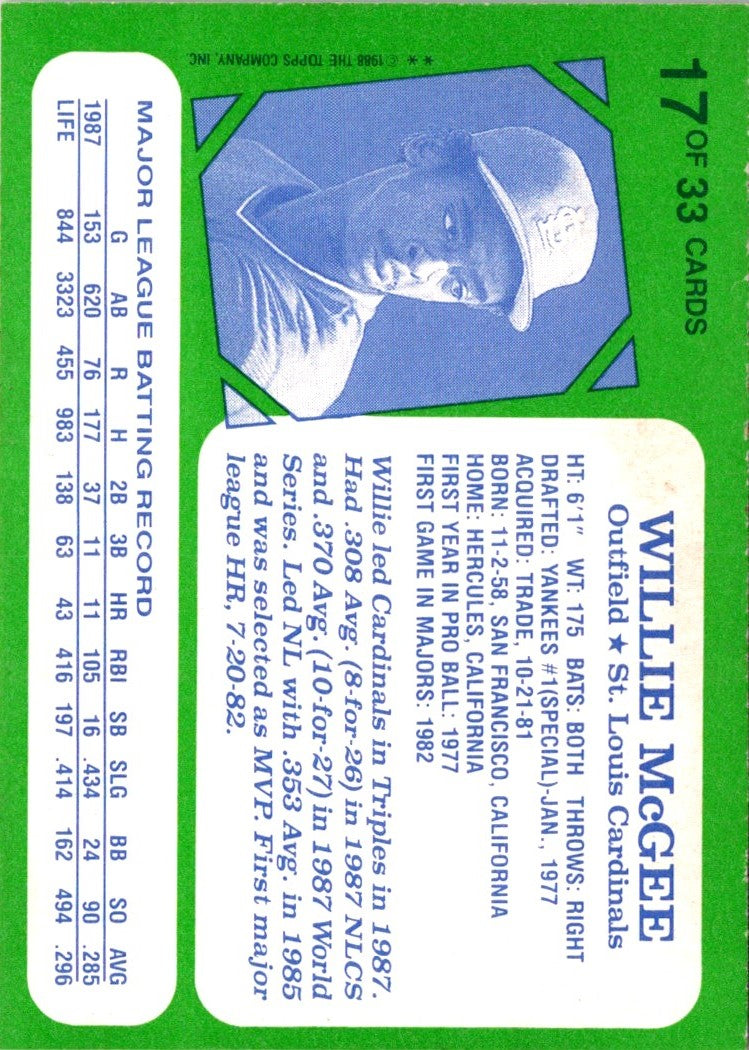 1988 Topps Kay-Bee Superstars of Baseball Willie McGee