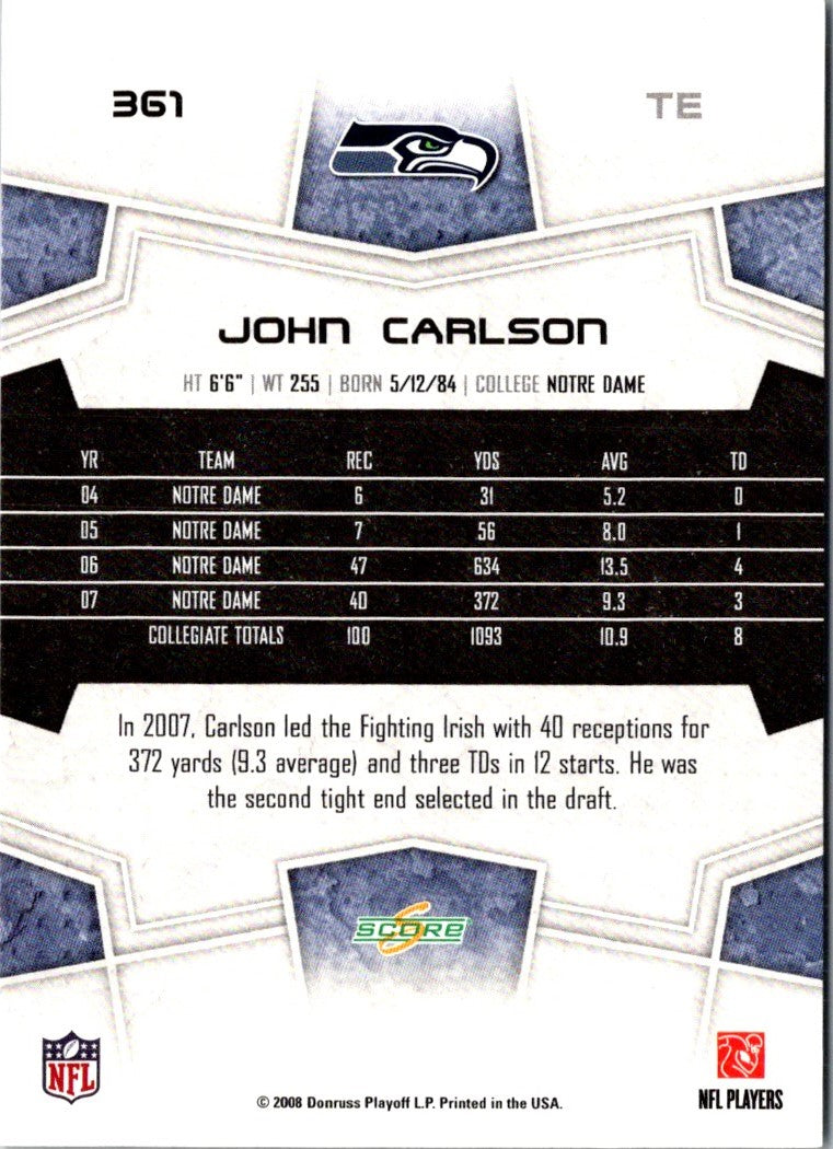 2008 Score Super Bowl XLIII John Carlson