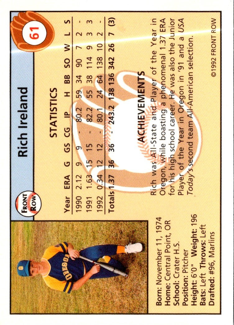 1992 Front Row Draft Picks Rich Ireland