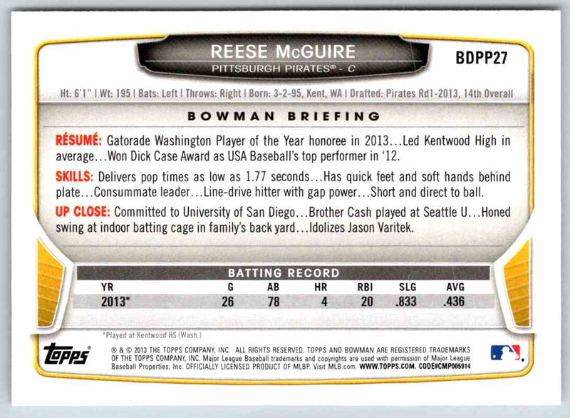 2013 Bowman Reese McGuire