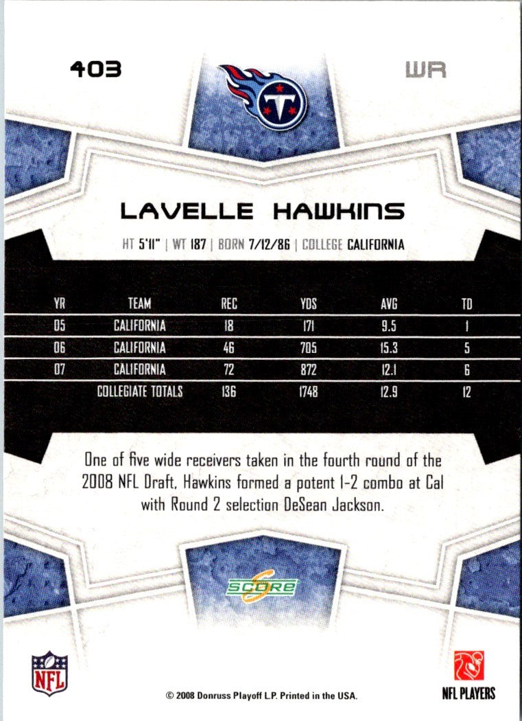 2008 Score Super Bowl XLIII Lavelle Hawkins