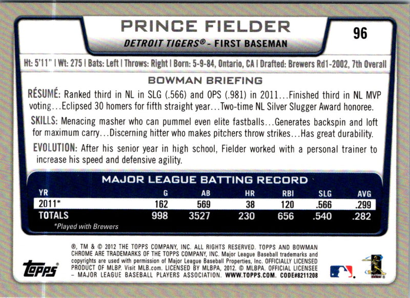 2012 Bowman Chrome Prince Fielder