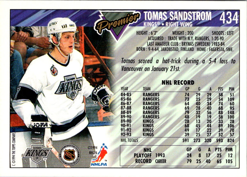 1993 Topps Premier Tomas Sandstrom