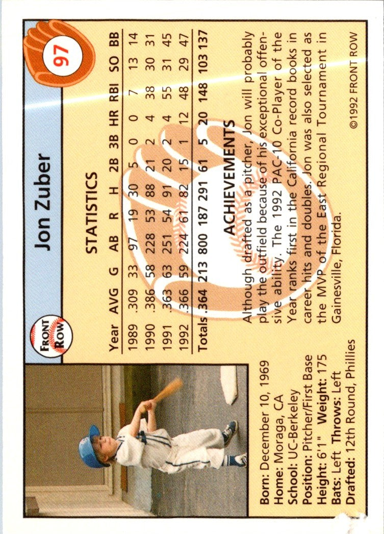 1992 Front Row Draft Picks Jon Zuber