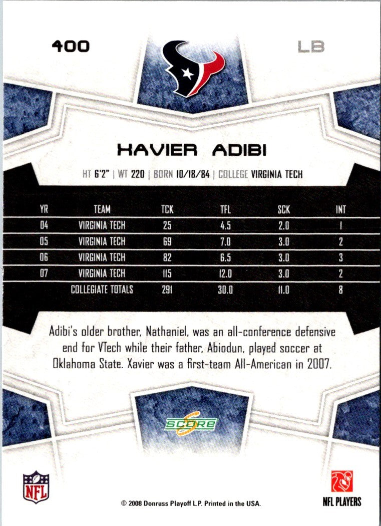 2008 Score Super Bowl XLIII Xavier Adibi