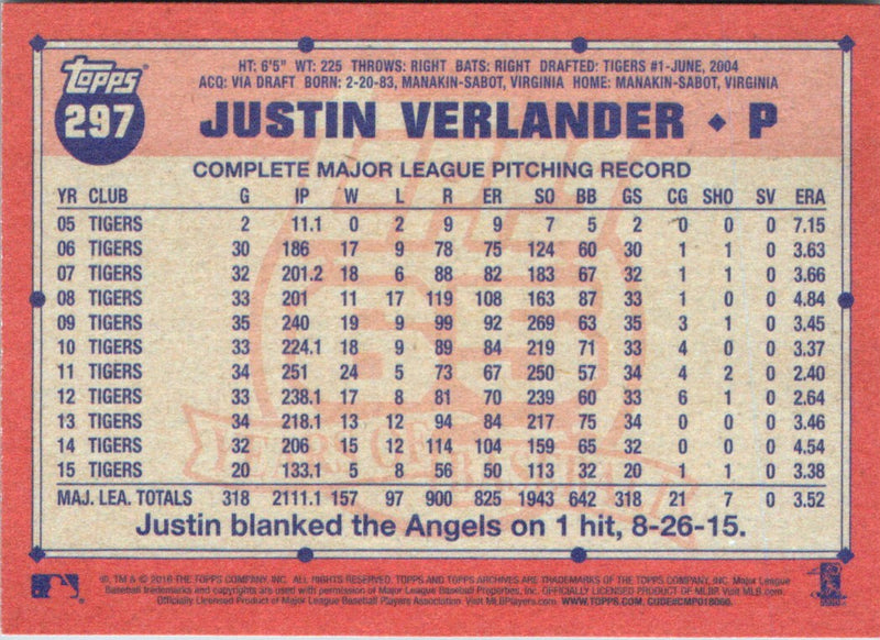 2016 Topps Archives Justin Verlander