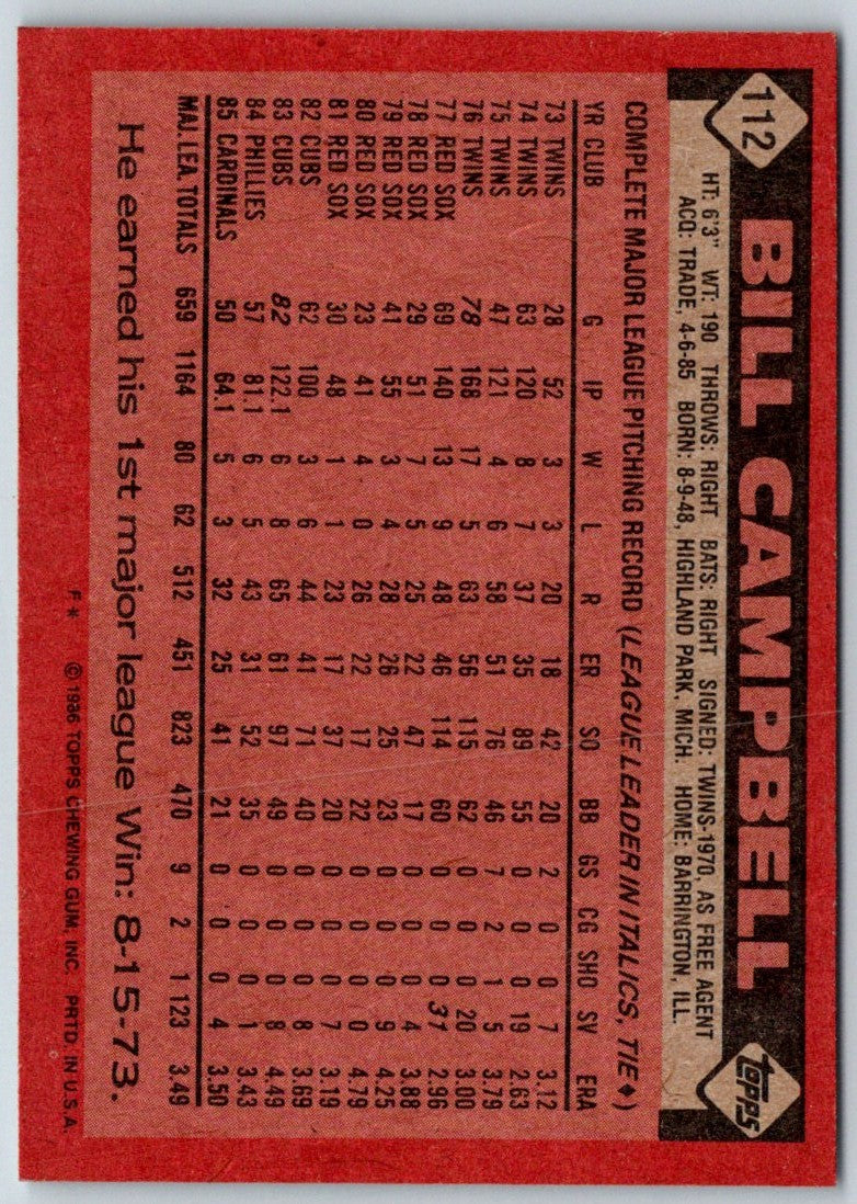 1986 Topps Bill Campbell