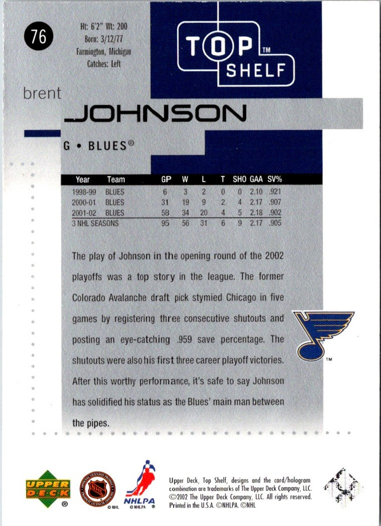 2002 Upper Deck Top Shelf Brent Johnson