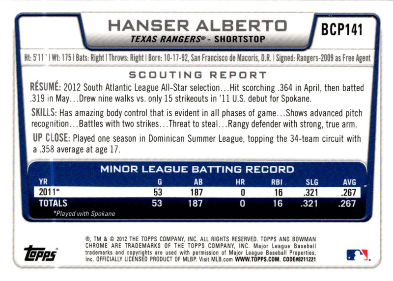 2012 Bowman Chrome Prospects Hanser Alberto