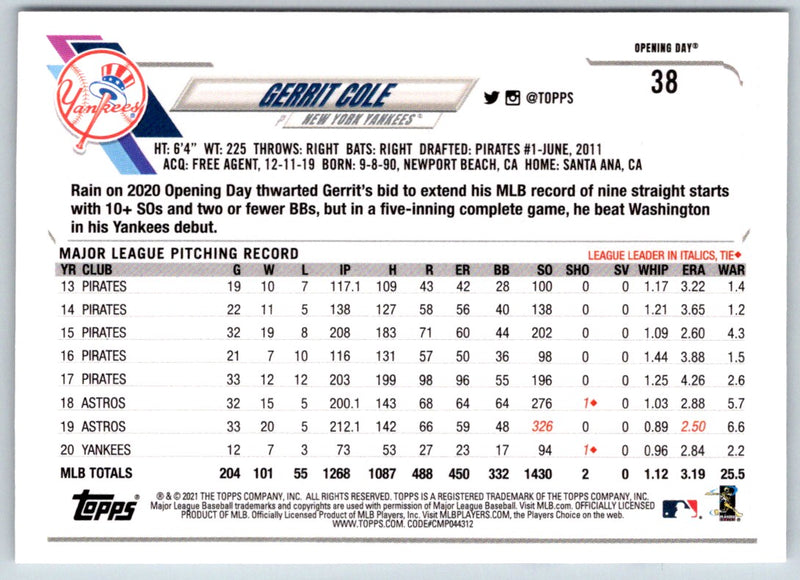 2021 Topps Opening Day Gerrit Cole