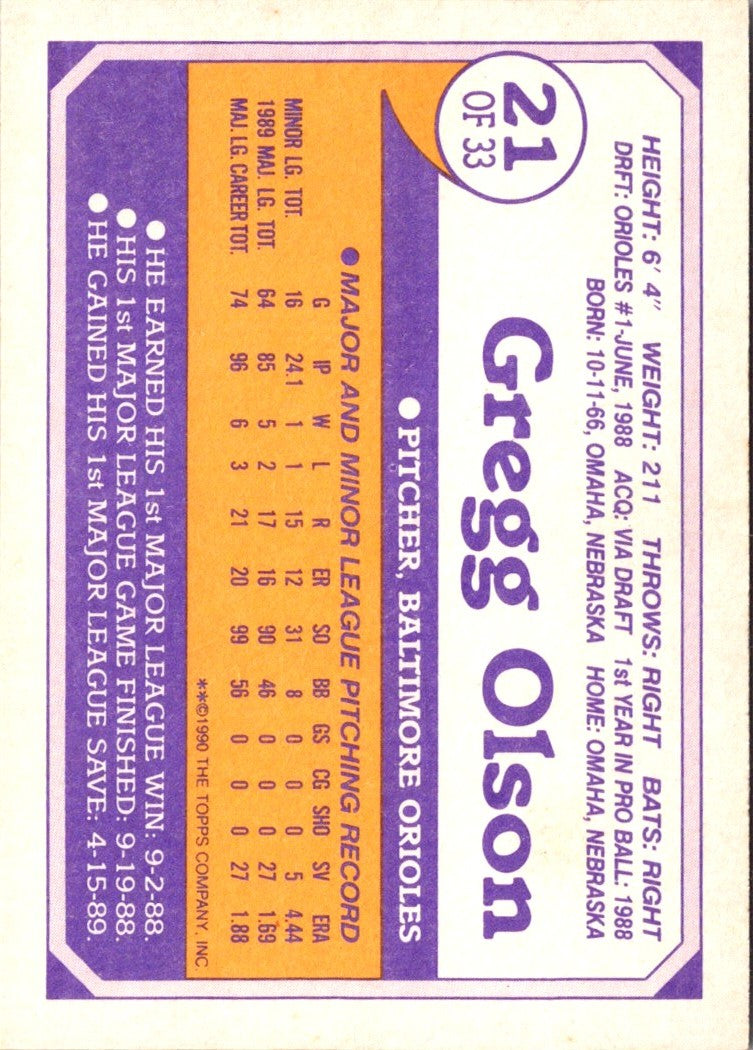 1990 Topps Toys'R'Us Rookies Gregg Olson