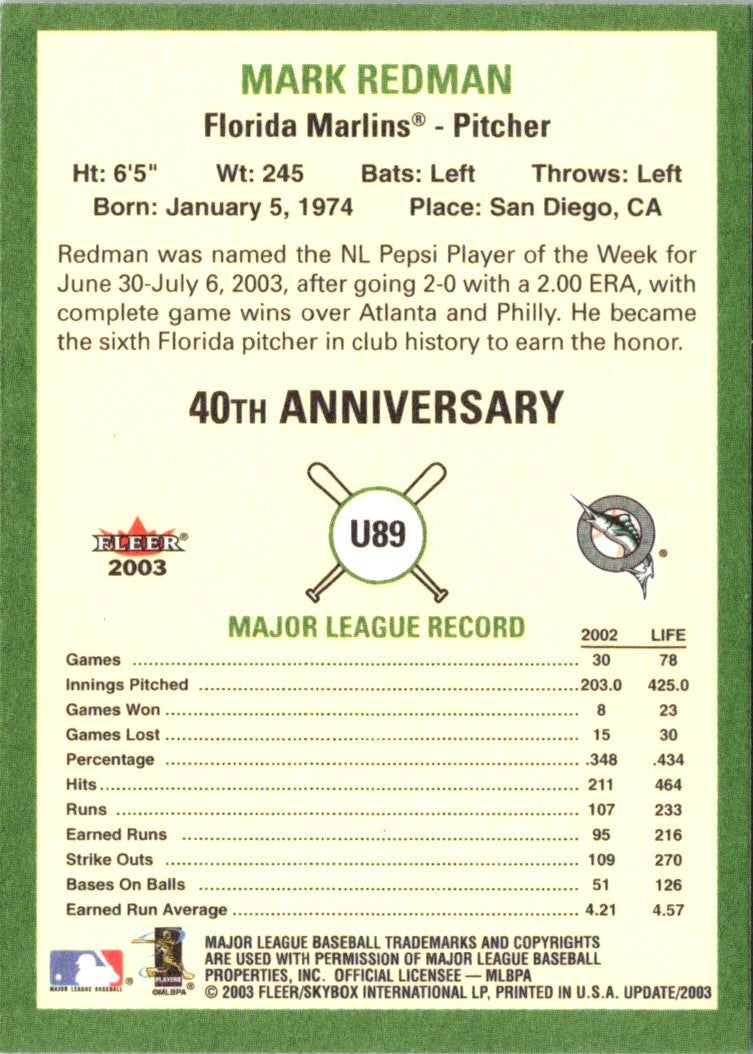 2003 Fleer Tradition Update Mark Redman