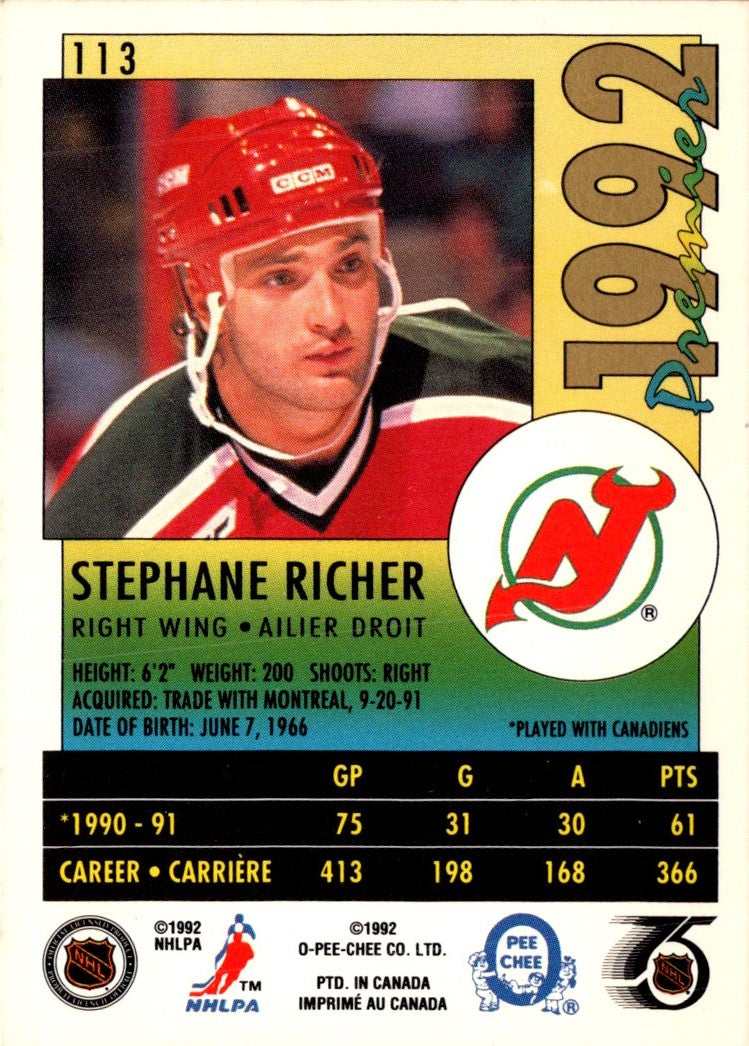 1991 O-Pee-Chee Premier Stephane Richer