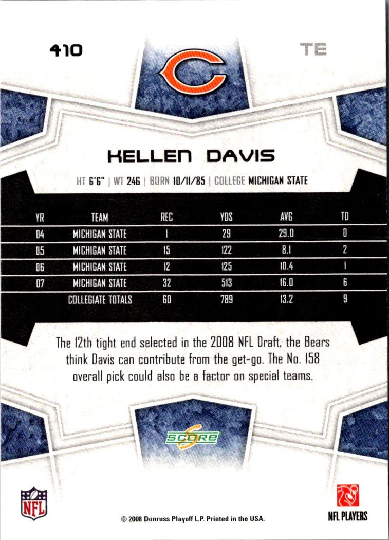 2008 Score Super Bowl XLIII Kellen Davis