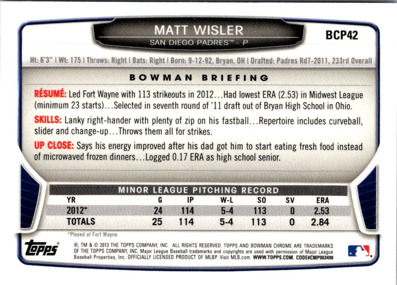 2013 Bowman Chrome Prospects Matt Wisler