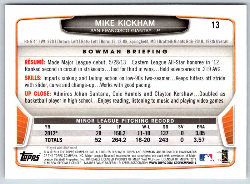 2013 Bowman Mike Kickham