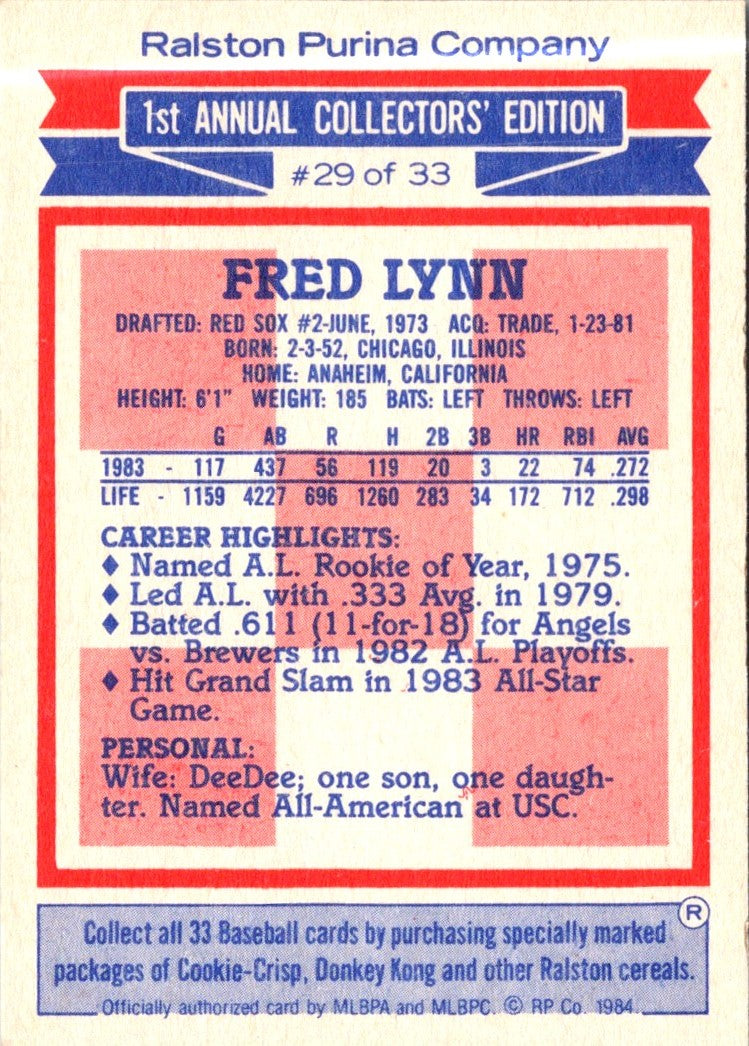 1984 Topps Ralston Purina Fred Lynn