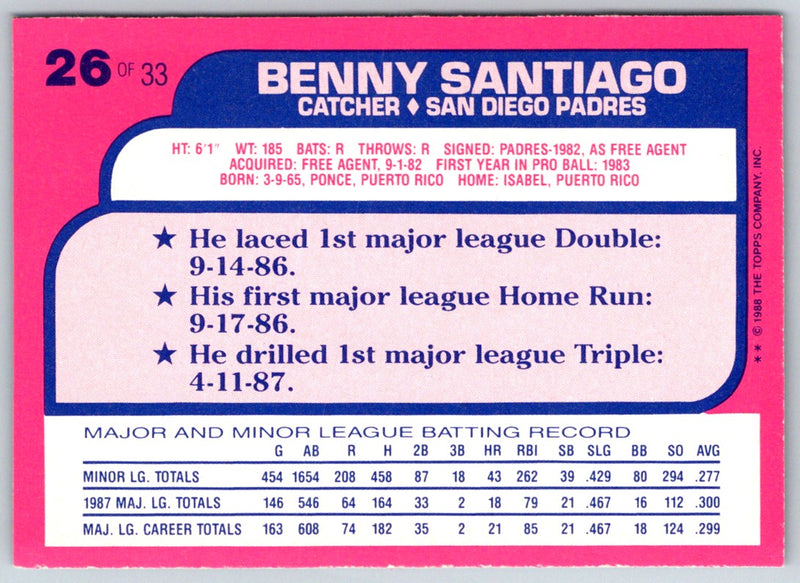 1988 Topps Toys'R'Us Rookies Benny Santiago