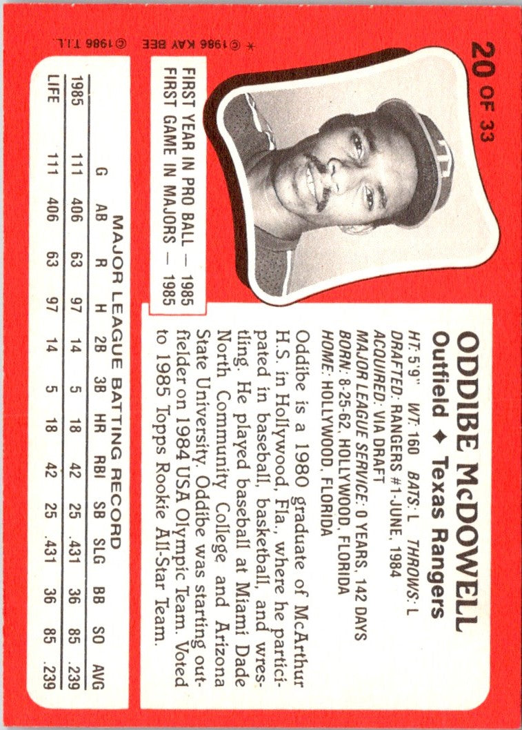 1986 Topps Kay-Bee Young Superstars of Baseball Oddibe McDowell