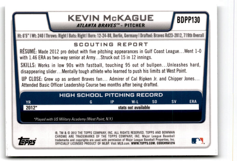 2012 Bowman Draft Picks & Prospects Chrome Kevin McKague