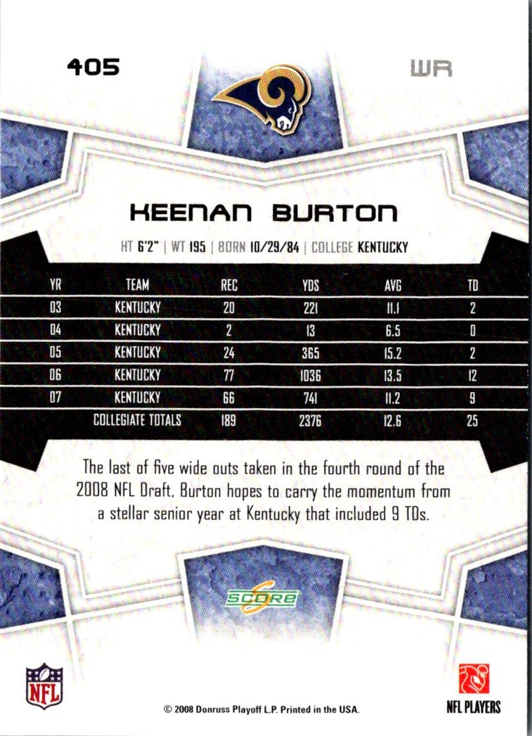 2008 Score Super Bowl XLIII Keenan Burton