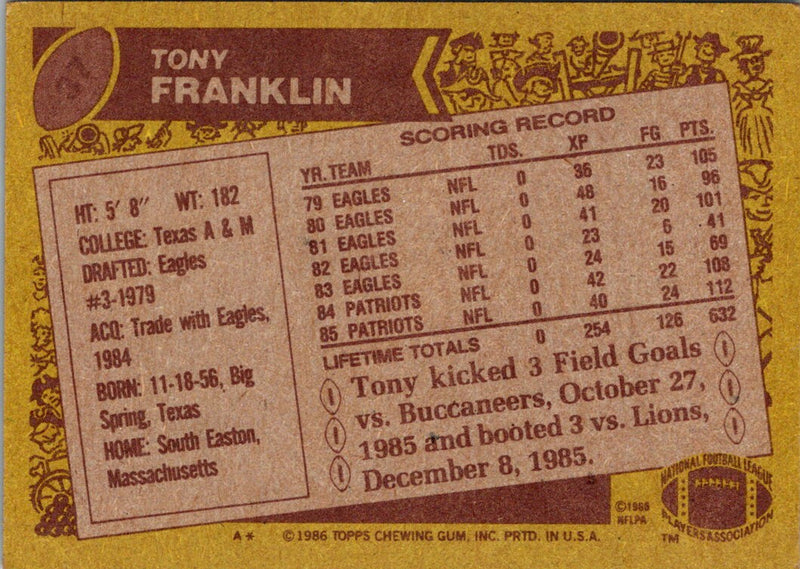 1986 Topps Tony Franklin
