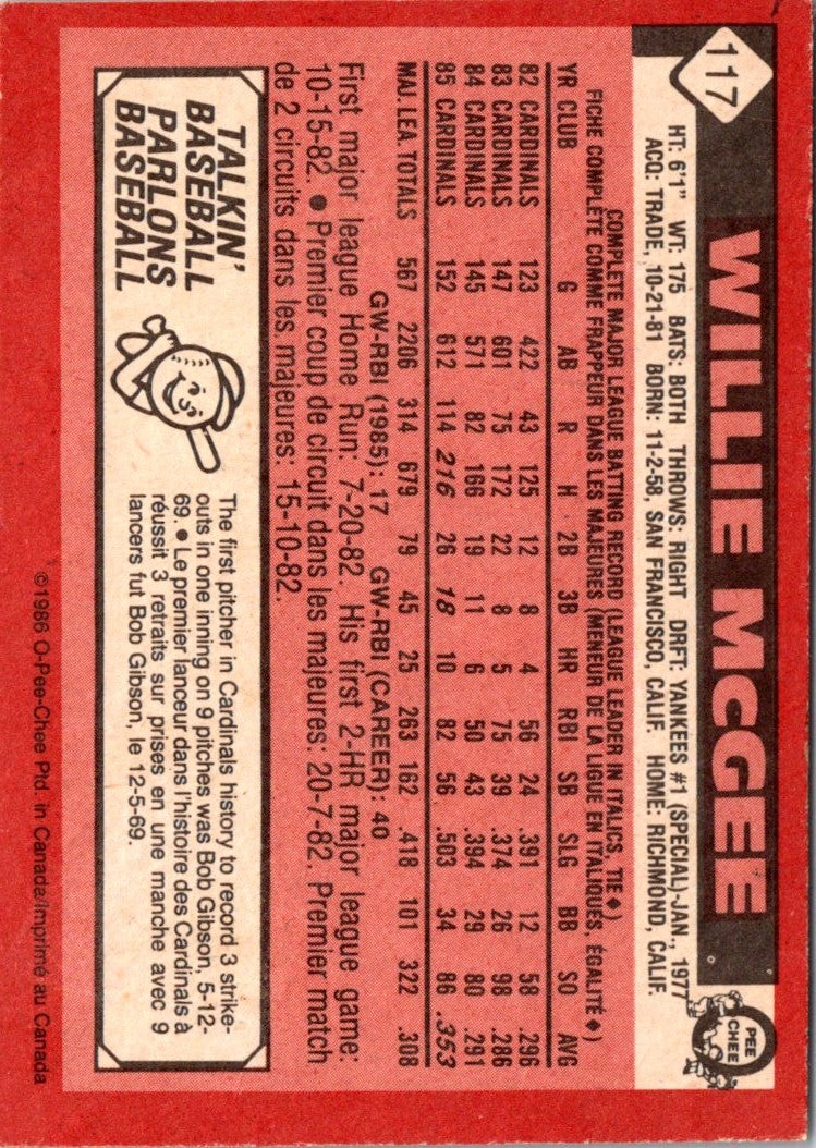 1986 O-Pee-Chee Willie McGee