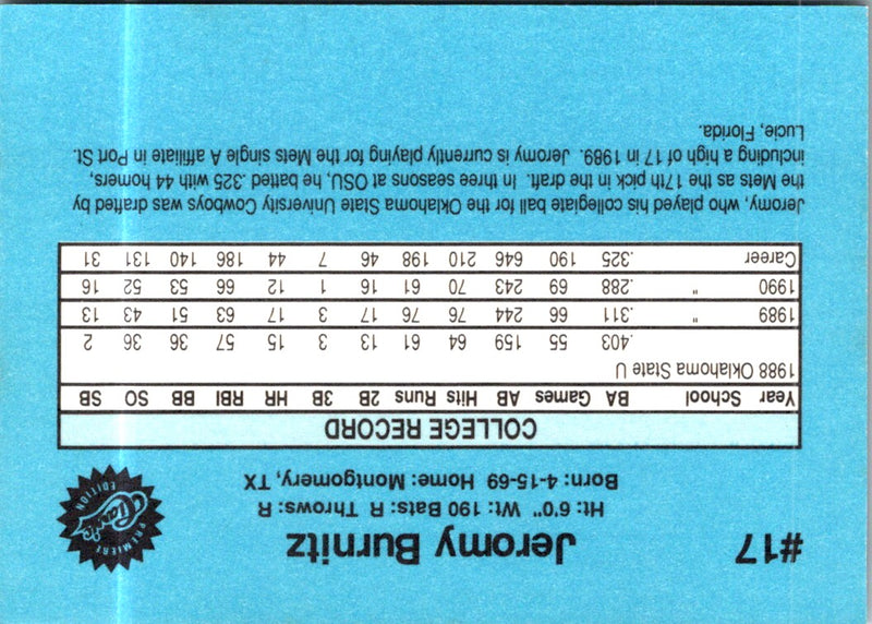 1990 Classic Draft Picks Jeromy Burnitz