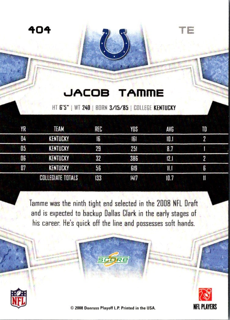 2008 Score Super Bowl XLIII Jacob Tamme