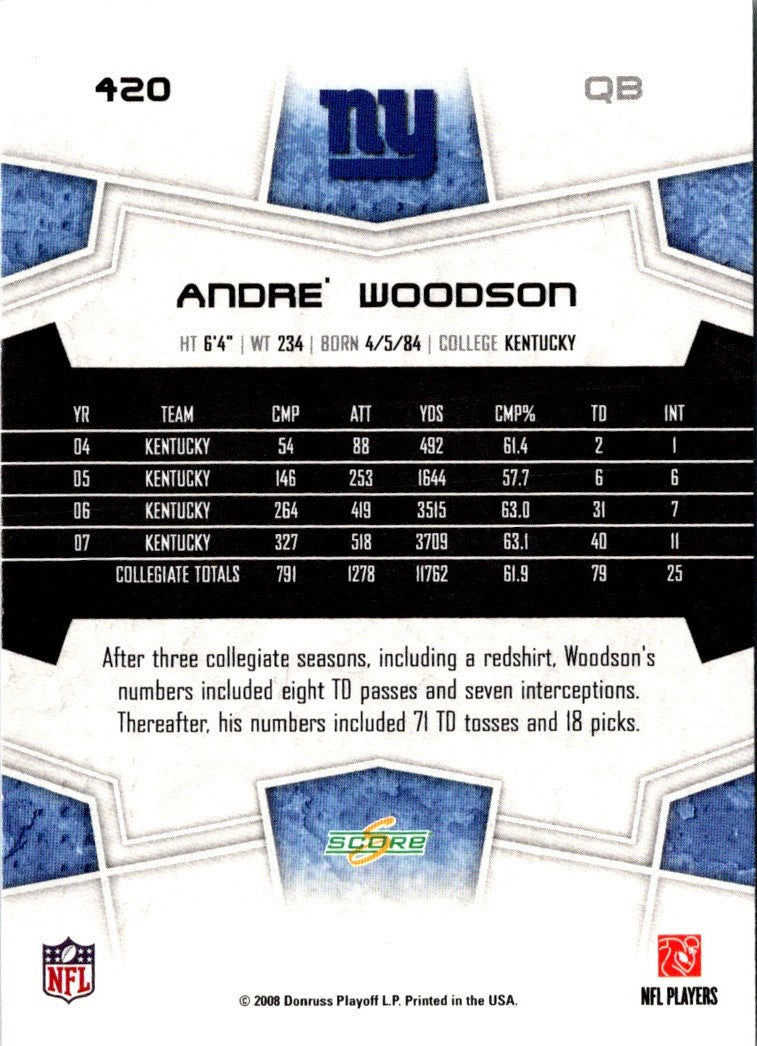 2008 Score Super Bowl XLIII Andre Woodson